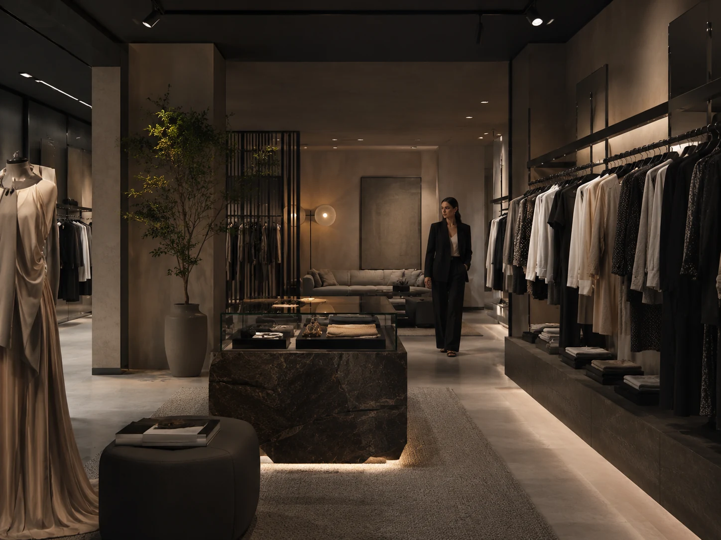 Minimal luxury clothing boutique interior