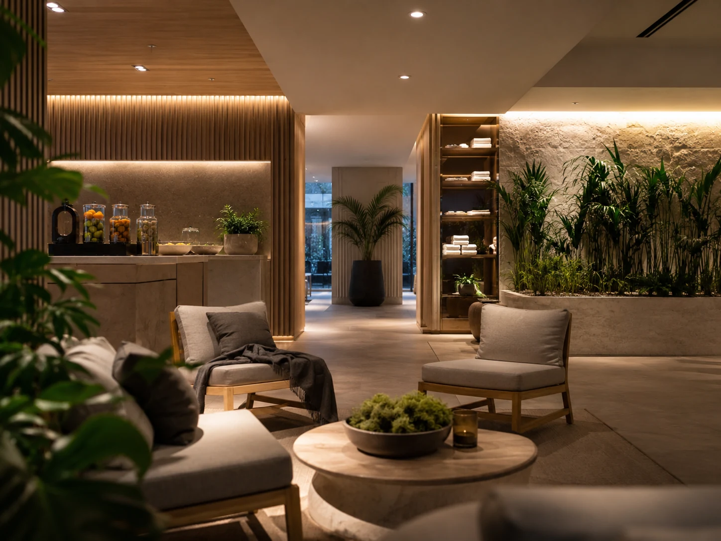 Recovery and lounge area inside a premium fitness club