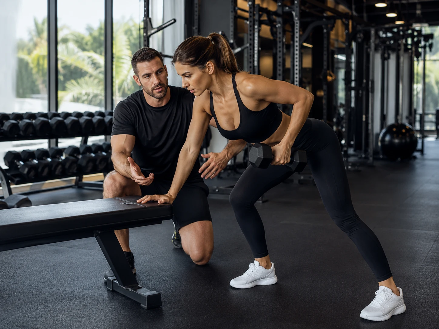 Personal trainer coaching a client in a premium gym