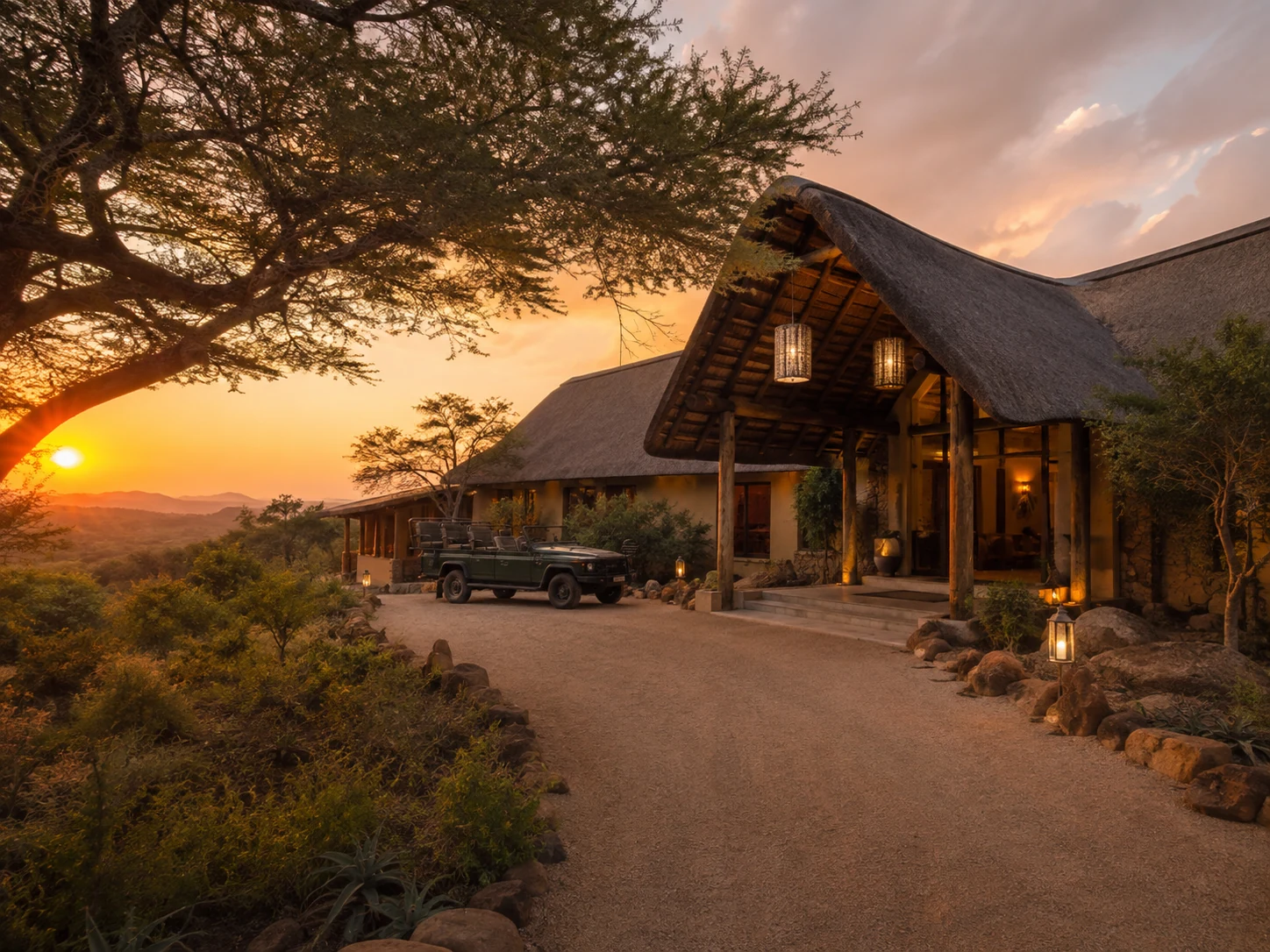 Safari lodge entrance at sunset